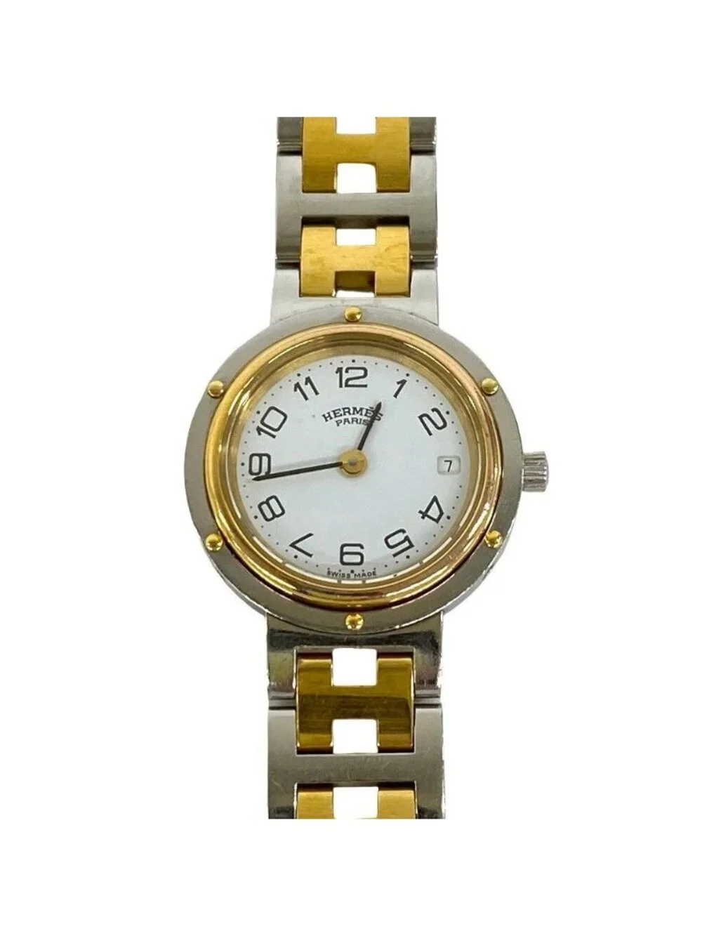Hermes Clipper Stainless Steel Quartz Watch Wristwatch Silver Gold